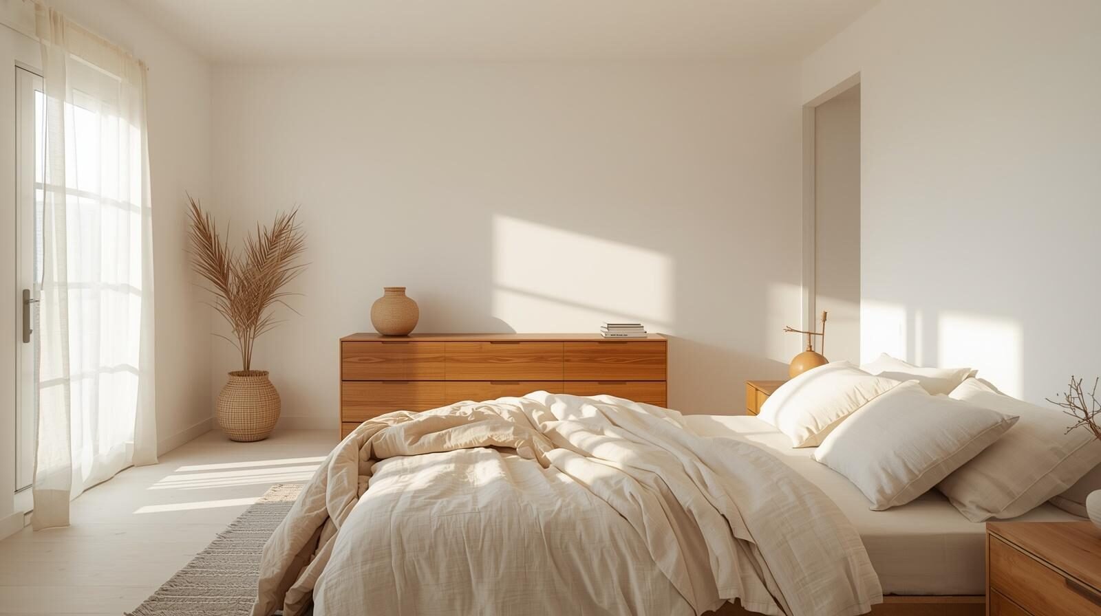 ambiance de chambre lumineuse avec matières naturelles et décoration douce