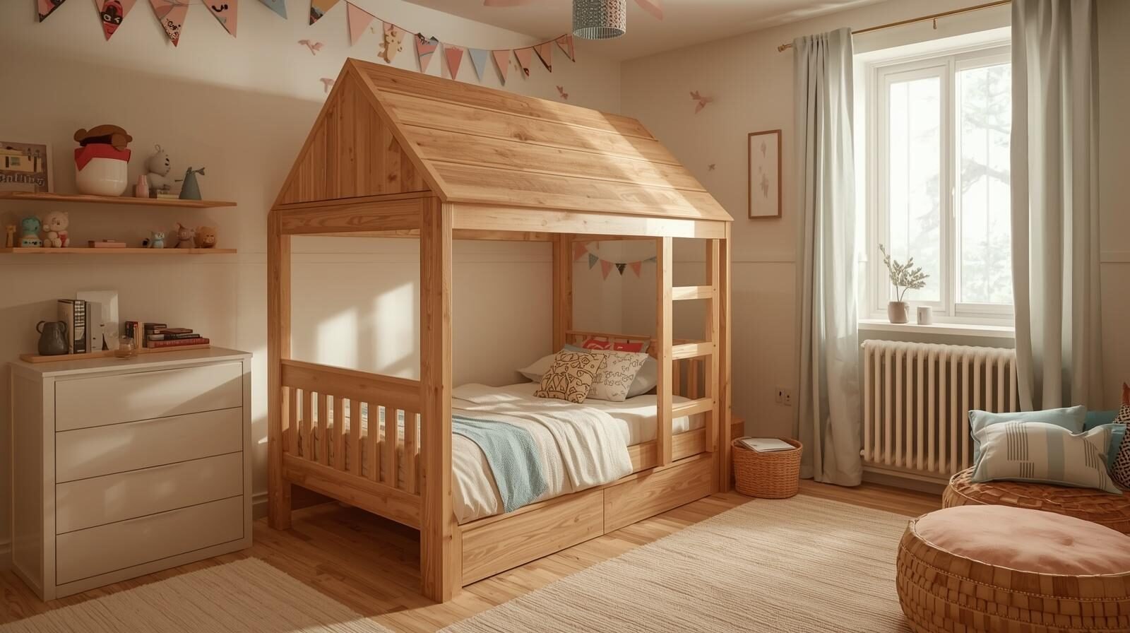 chambre enfant avec lit cabane en bois et décoration chaleureuse