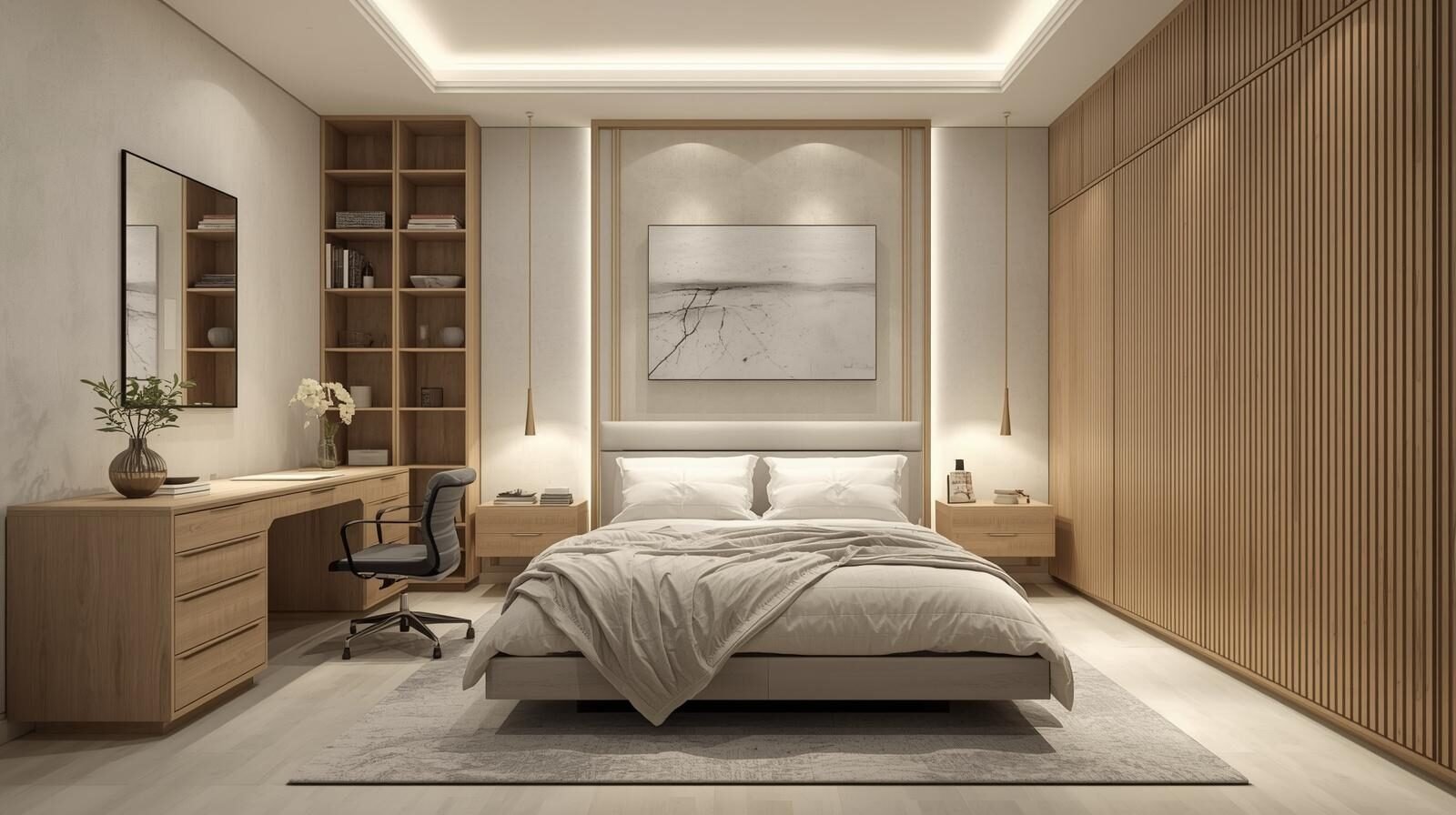 aménagement de chambre fonctionnelle avec rangements optimisés