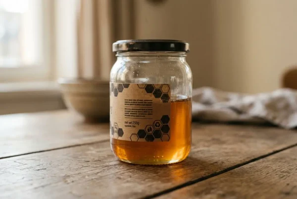Pot de miel en bocal avec étiquette miel personnalisable et motif hexagonal sur une table en bois.